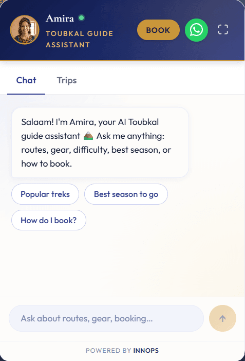 Amira — Toubkal guide assistant, live chat widget