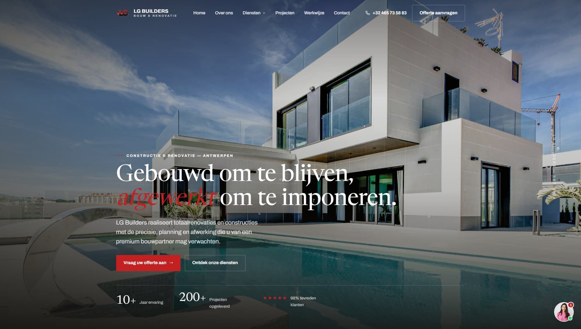 De LG Builders-homepage — premium bouw & renovatie in Antwerpen